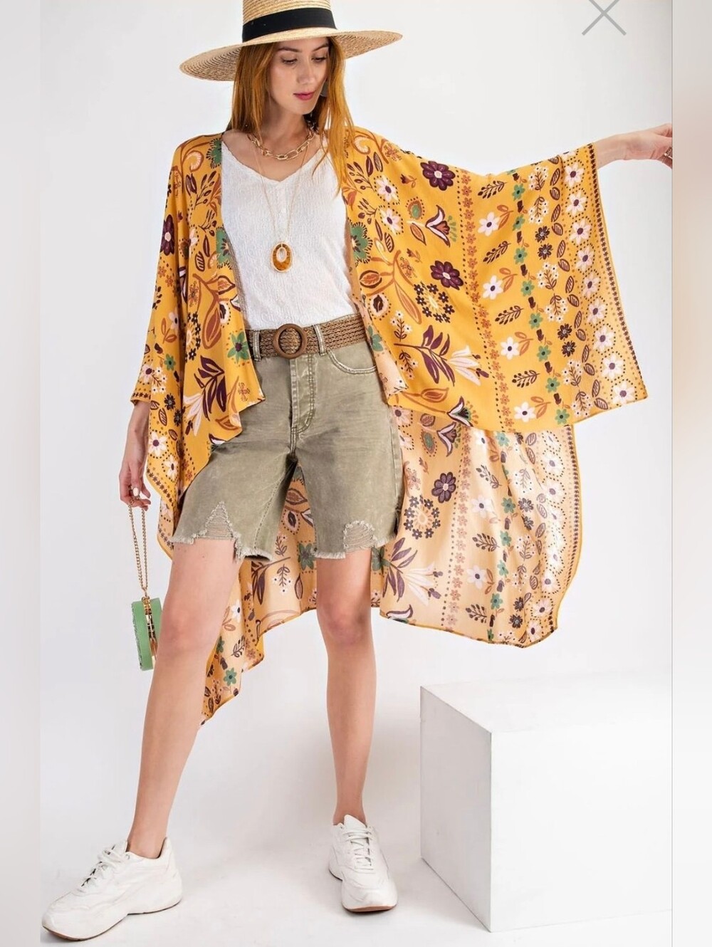 Easel All I Need Flowy Kimono – Mustard Floral | NWT